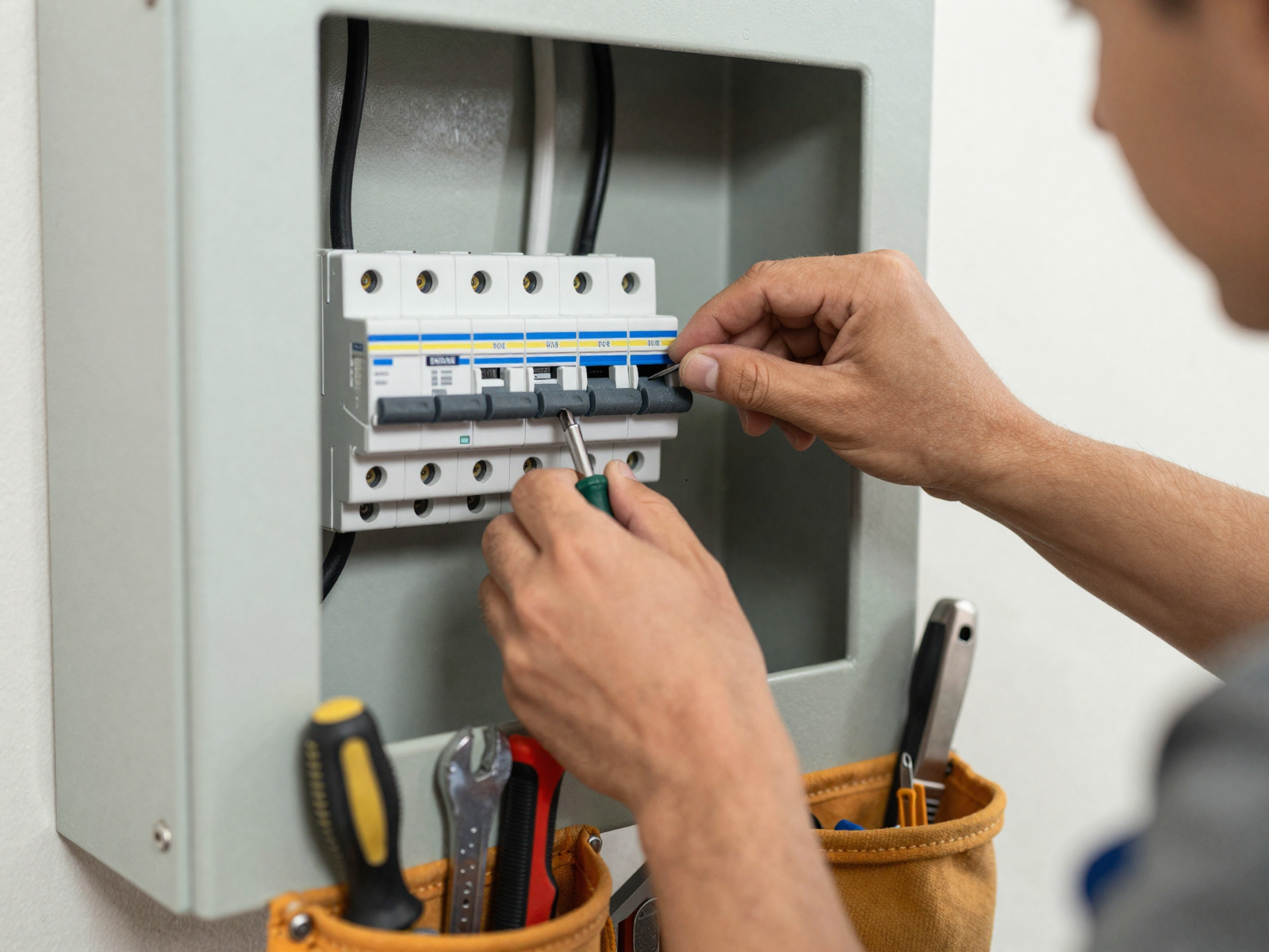 Electrician working on residential electrical panel installation
